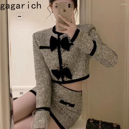 Work Dresses Gagarich 2024 Elegant Bow Round Neck Long Sleeved Jacket Women Autumn Hip Shows Sweet Thin Short Skirt 2 Piece Suit
