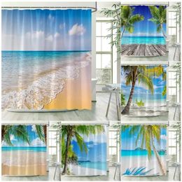 Shower Curtains Ocean Beach Tropical Coconut Tree Sea Waves Hawaiian Nature Landscape Polyester Fabric Bathroom Decor With Hooks