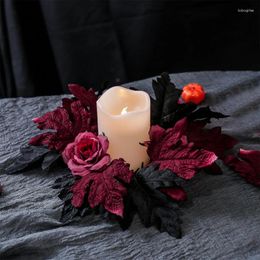 Decorative Flowers 25cm Horror Table Decoration Candlestick Garland Candle Ring Wreath Fake Plant Artificial Black Leaves Rose Flower Holder