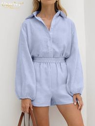 Clacive Fashion Loose Blue Cotton 2 Piece Set Outfit 2024 Elegant Long Sleeve Shirt With High Waist Shorts Female 240429