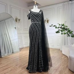 Party Dresses SERENE HILL Arabic Black Side Cape Sleeves Mermaid Beaded Luxury Evening Gowns For Women Wedding 2024 CLA72296