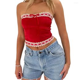 Women's Tanks Satin Tube Tops Chic Fashion Lace Trim Bow Front Bandeau Crop Tank For Streetwear 2024 Summer Backless Strapless