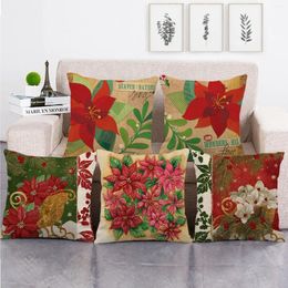 Pillow 45cm Retro Red Poinsettia Design Throw Cover Linen/cotton Sofa Decorative Case