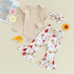 Clothing Sets 0-18months Baby Girl 3pcs Clothes Set Solid Colour Ribbed Romper With Flower Flare Pants And Bow Headband Infant Girls Outfit