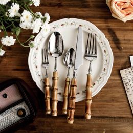 Dinnerware Sets 20Pcs Creative Nature Bamboo Cutlery Set 304 Stainless Steel Steak Tableware Spoon And Fork Silverware