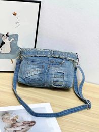 Drawstring Rivet Vintage 3D Design Belt Y2K Denim Jeans Shoulder Bags Girls Handbags Crossbody Bag Women Messenger Bolsa Feminina