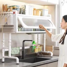 Kitchen Storage Sink Holder With Drip Tray Countertop Shelf Multi-functional Organiser Items Dust-proof Drain Rack E