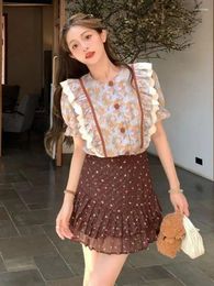 Work Dresses Korea Sweet Women Shirt Skirt Spring Autumn Lace Patchwork Floral Printed Blouses Elegant Tops Two Piece Set