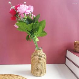 Vases Japanese Straw Glass Flower Vase Flowerpot Creative Basket Office Desktop Hydroponics Plants Container Home Decor Craft