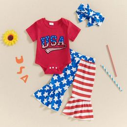 Clothing Sets Baby Girls 4th Of July Short Sleeve Letter Print Romper Stars Stripe Pants Headband