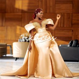 Black Girl Gold Mermaid Prom Dresses With Overskirt Train Sheer Neck Off Shoulders Plus Size Aso Ebi Evening Dress 2024 Nigeria Beaded Elegant Formal Party Gowns