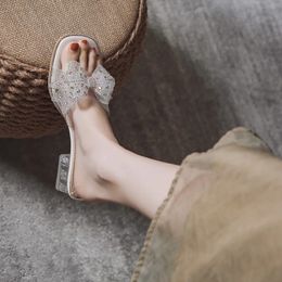 Square Mid Heel Shoes Sweet Slippers Female Slides Mules Lovely Bling Crystal Butterfly Knot Summer Plus Size 240425