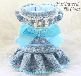 handmade luxury dog apparel clothes Paris sky blue thickened gold thread tweed velvet bow coat dress winter2512208