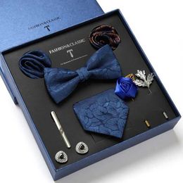 Neck Tie Set Gift box Packing Men Brand Luxury Necktie Pocket Square Wedding Mens Bowtie Silk Tie Set Cufflinks Tie Clips And Brooch Set