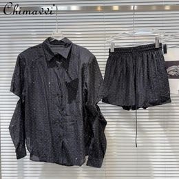 Women's Tracksuits 2024 Summer Fashion Girl Full Body Rhinestone Long Sleeve Sunscreen Shirt Shorts Casual Suit Ladies Two-Piece Set