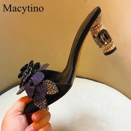 Slippers Flower Ladies High-heeled With Rhinestone Sequins Decorative Glass-heeled Shoes Fashion Party