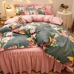 Bedding Sets BBSET Duvet Cover Set Pink Plant Flowers Korean Princess Style Small Fresh Bed Skirt Thick King Size 4PCS