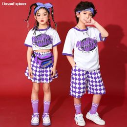 Boys Hip Hop Print Tshirt Street Dance Shorts Girls Purple Crop Top Plaid Skirts Child Summer Clothes Sets Kids Jazz Costumes 240510