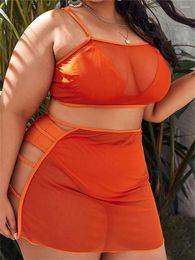 Women's Swimwear 4 Piece Mesh Bikini Set Women 2024 Large Size Swimsuit High Waist Swimming Skirt Solid Orange Big Bathing Suits