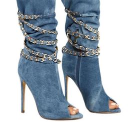 Fashion boots stiletto heel chain blue denim boots jeans peep toes high heels winter boots women shoes half botas party shoes3703854