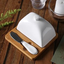 Plates Ceramic Cover Square Wood Butter Dish Stainless Steel Knife With Handle Cheese Plate Tableware Dessert Pan