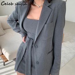 Work Dresses Chic Gray Blazer And Sleeveless Dress Women Suits 2024 Summer Runway Design Korean Business