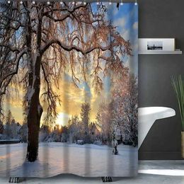 Shower Curtains Snow-covered Landscape Shower Curtain Bath Sets Waterproof Non-Slip Bathroom Rug Toilet U With 12 s Home Deco Free Ship