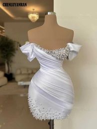 Runway Dresses Luxury Short Ball Dress 2023 Shoulder Shawl Pearl Mini Cocktail Dress Satin Fold Party DressL2405