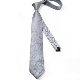 Neck Tie Set Mens Necktie Silver Solid Paisley Wedding Tie For Men Handkerchief Cufflinks Silk Tie Set Designer Business Party N-7182