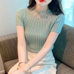 Women's T Shirts Terylene Diamond-studded Short T-shirt Fashion Hugging Round Neck Thin Knit Knitted Slim-fit Cropped Top Women