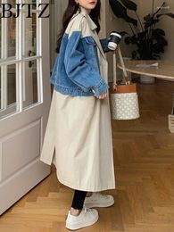 Women's Trench Coats BJTZ Fashionable Denim Patchwork Windbreaker Long Loose Oversized Jacket For Women 2024 Spring Autumn Female Clothing