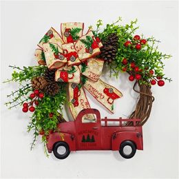 Decorative Flowers Christmas Red Truck Garland Realistic Artificial Berries Wreath With Bowknot Burlap Ribbon For Front Door Decoration