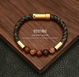 REAMOR 2019 Men Black Braided Leather Bracelets Natural Stone Bracelet Gold 316L Stainless steel Embedded Clasp Bangle Jewelry CX27462650