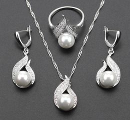 925 Silver Colour S Shaped imitation White Pearl Jewellery Set For Women Christmas Gift Silver Colour Necklace Earring Ring js319231936