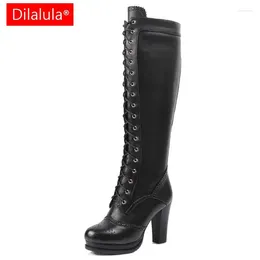 Boots Dilalula Retro Genuine Leather Women Black Brown High Heels Winter Knee Lace Up Women's Motorcycle