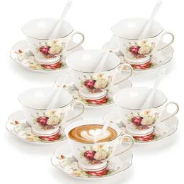 Cups Saucers Tea Cups and Saucers Set of 6 Floral Tea Cup Set with Gold Trim 6 oz Porcelain Ivory Coffee Cups with Saucers and Spoons