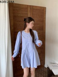 Casual Dresses Korejpaa Elegant Shirt Women Korean Fashion Round Neck Spring Striped Mini Dress 2024 Puff Sleeve High Waist Vestido