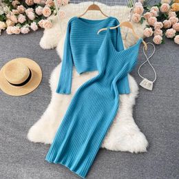 Work Dresses Korean V Neck Sling Sleeveless Long Dress Set Two Piece Sets Solid Women Autumn Knitted Sweaters Full Sleeve Pullovers Tops