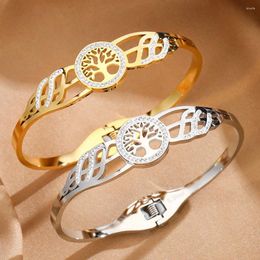 Bangle Luxury Stainless Steel Tree Of Life For Women Men Gold Plated Spring Buckle Bracelet Waterproof Jewellery Gift Wholesale