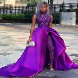 Lace Stain Purple Prom Jumpsuit with Detachable Train Modern High Neck African Women Evening Gowns with Pant Suit 2683