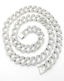 14K White Solid Fine Gold FINISH Iced Out CUBAN Miami Chain Link Micro Pave Lab Diamond Necklace Long 30INCH 15MM Wide8863871