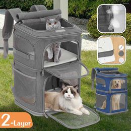 Cat Carriers Double Layer Pet Dog Carrier Backpack Comfortable Carrying Bag Breathable Mesh Travel