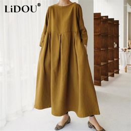 Casual Dresses Spring Autumn Women's Literary Vintage Solid Colour Robe Female Round Neck Cotton Linen Comfortable Dress Ladies Vestidos