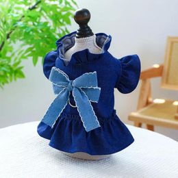 Dog Apparel Elegant Pet Dress With Decorative Bowknot Stylish Charming Denim Outfit Ruffle Sleeves For Dogs Small