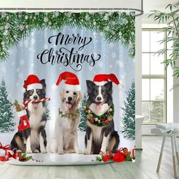 Shower Curtains Funny Christmas Dogs Curtain Forest Green Pine Branch Snowflake Winter Scenery Year Xmas Decor Bathroom Set