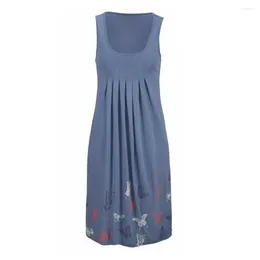 Casual Dresses Women Vest Dress Floral Print Sleeveless O Neck Knee-length Summer Stylish Loose Cotton Blend Ladies For Daily Wear