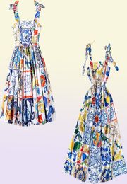 Fashion Runway Summer Dress New Women039s Bow Spaghetti Strap Backless Blue and White Porcelain Floral Print Long Dress 2104092428968