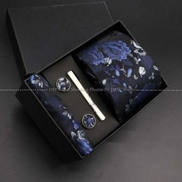 Neck Tie Set 2023 Fashion 7cm Tie Handkerchief Cufflink Set For Men Flower Necktie Holiday Gift Box Suit Accessories Slim Wedding Gravatas