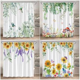 Shower Curtains Spring Floral Curtain Green Leaves Hummingbird Butterfly Watercolour Flowers Mushroom Sunflower Bathroom Decor