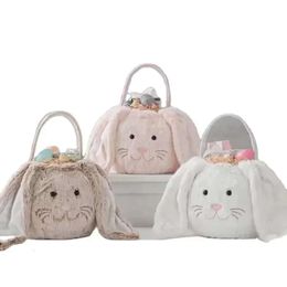 Bunny Baskets Plush Bag Handbags Gift Faux Fur Rabbit Easter Bucket Tote Long Ear Children Festival Decoration Round New Fy3415